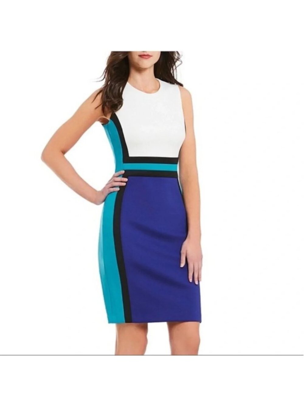Calvin Klein Scuba Dress Size 14 Colorblock Sheath White Teal Blue Sleeveless